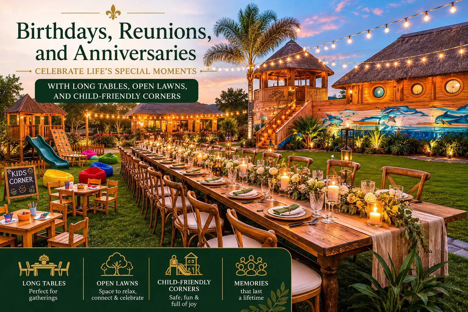 Family celebration at L'Arche De La Vie Estate with a long table set for a gathering